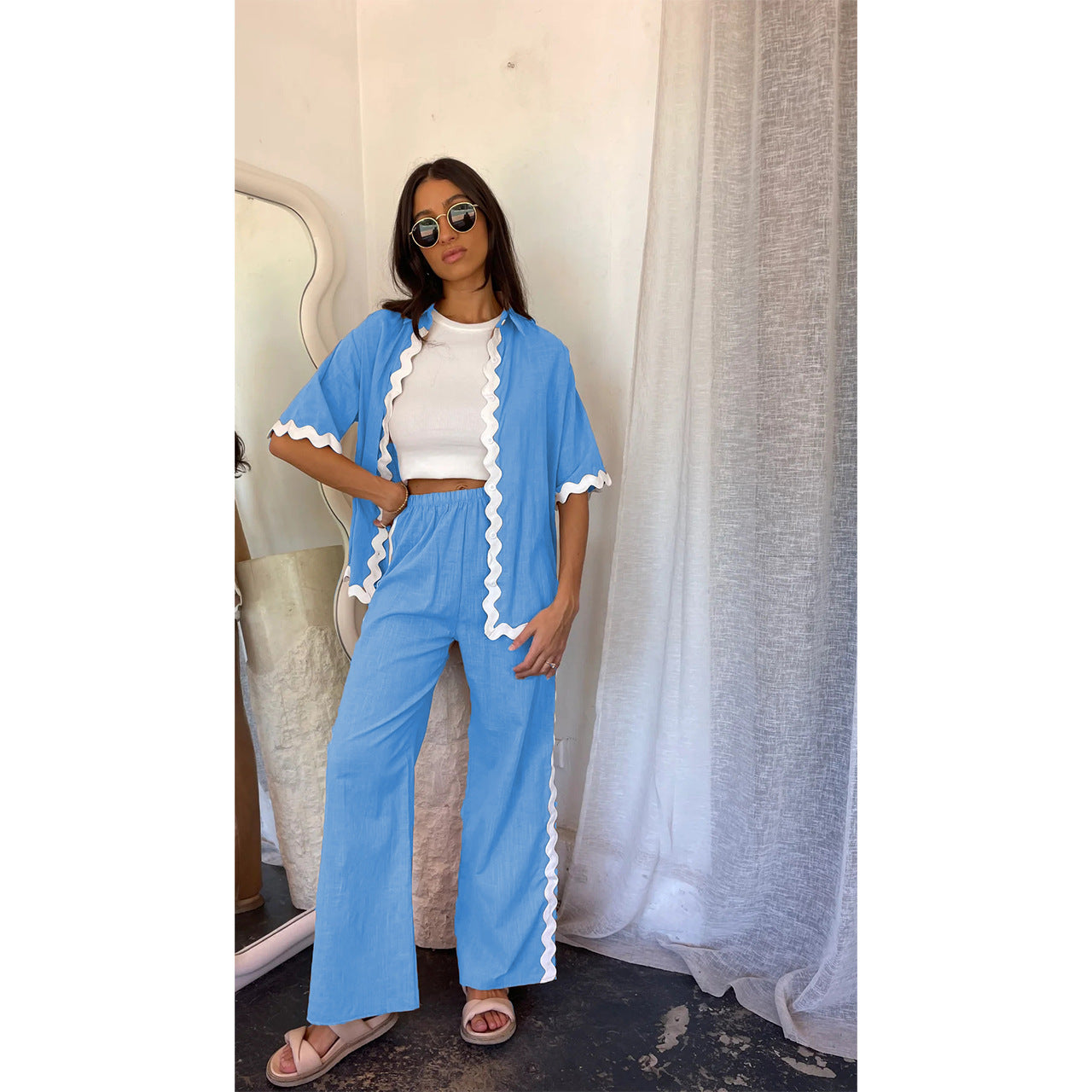 Spring Summer Comfortable Casual Single Breasted Lace Stitching Trousers Shacket skyblue