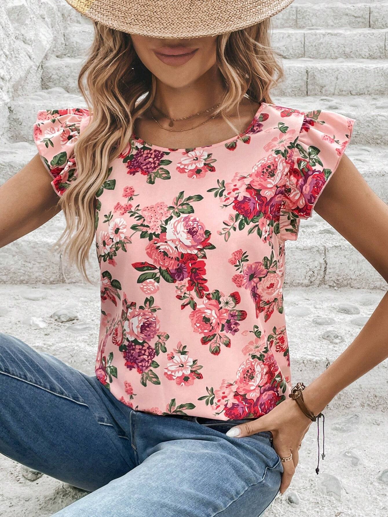 Women Clothing Summer Floral Print Short Sleeved Women Shirt Pink