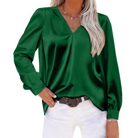 Women Satin Pleated Long Sleeved Top V neck Casual Loose Satin Office Shirt Green