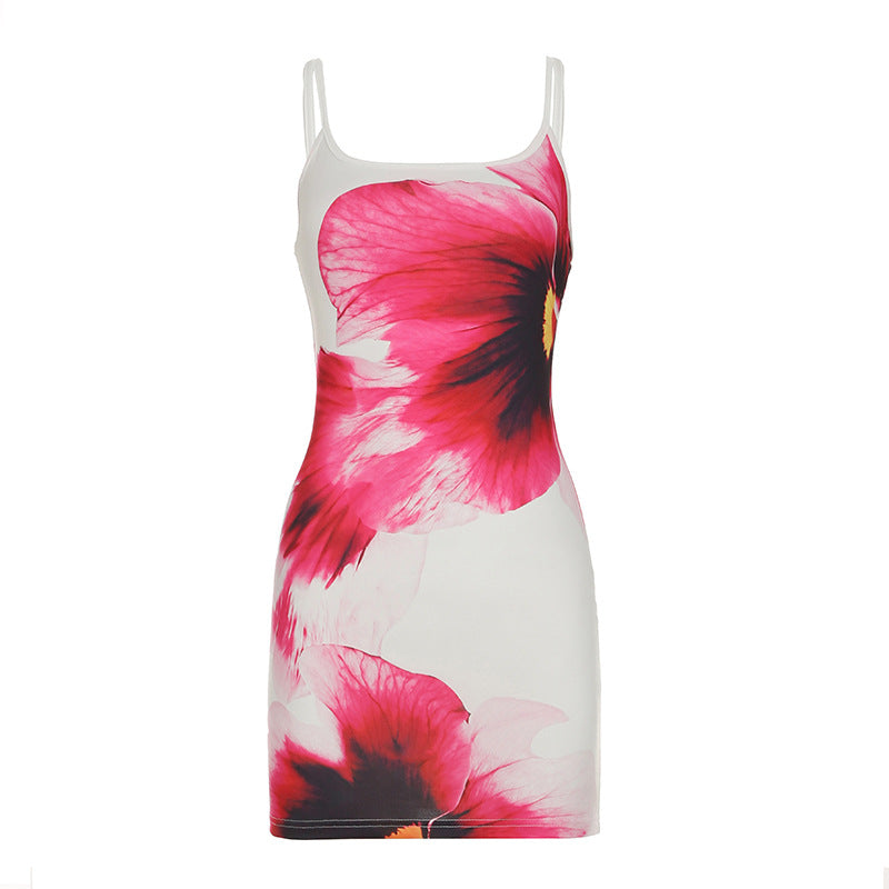 Vacation Sexy Backless Slim Fit Dress Floral Print Summer Sexy Slip Dress White