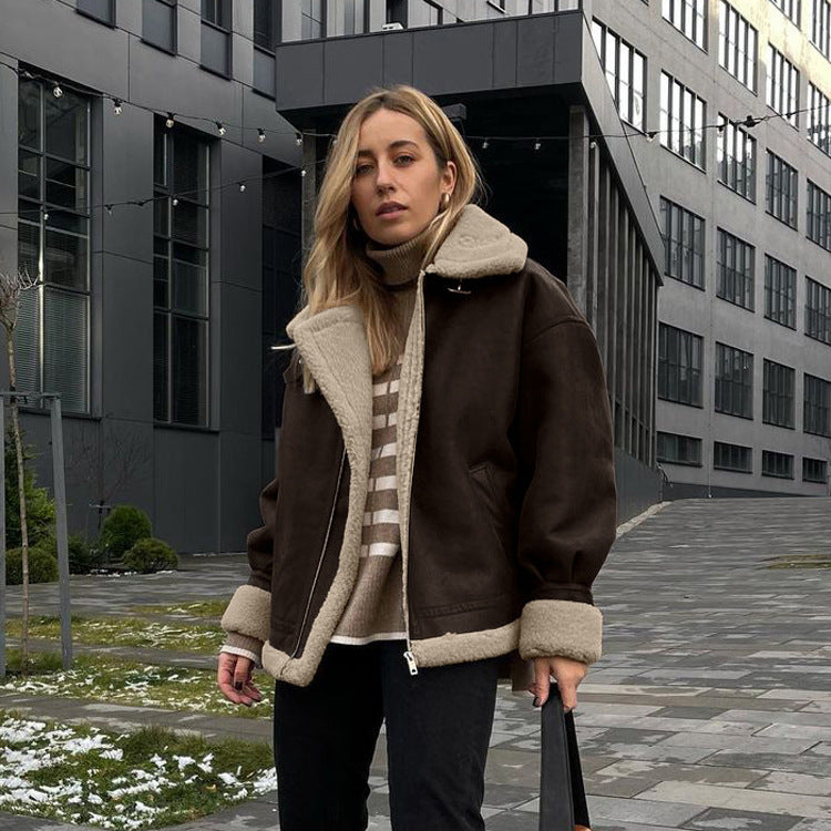 Women Clothing Winter Loose Suede Coat Women Short Lambswool Warm Retro Jacket