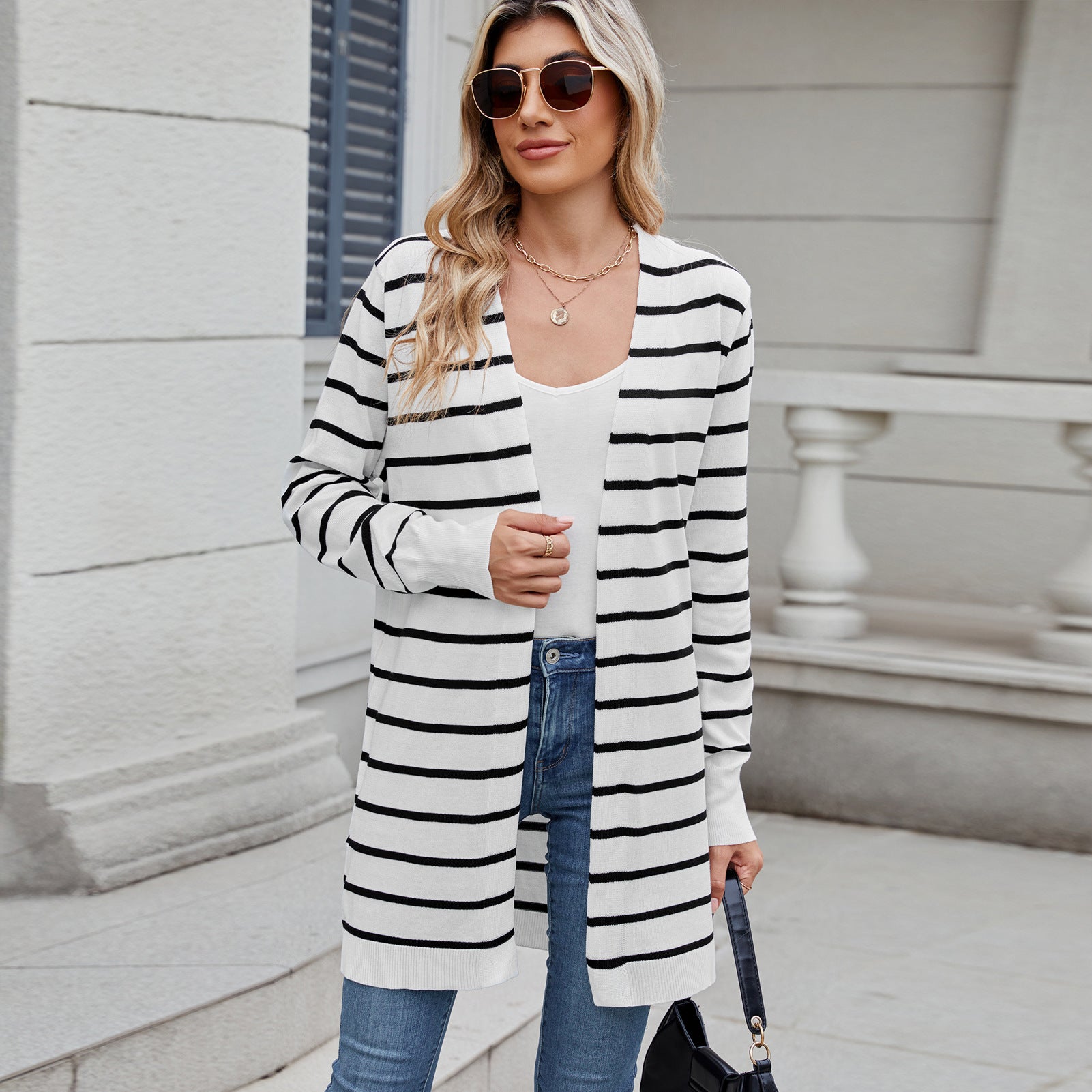 Women Clothing Cardigan Long Knitted Striped Coat Sweater Black and white