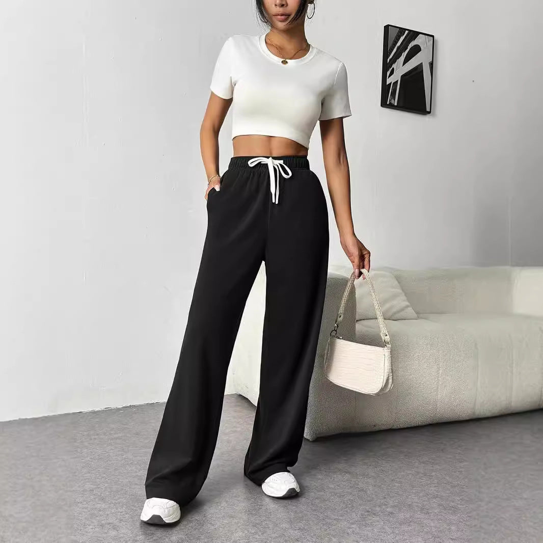 Women Autumn Winter Wide Leg Track Pants High Waist Loose Casual Drawstring Fitness Pant Belt Pocket