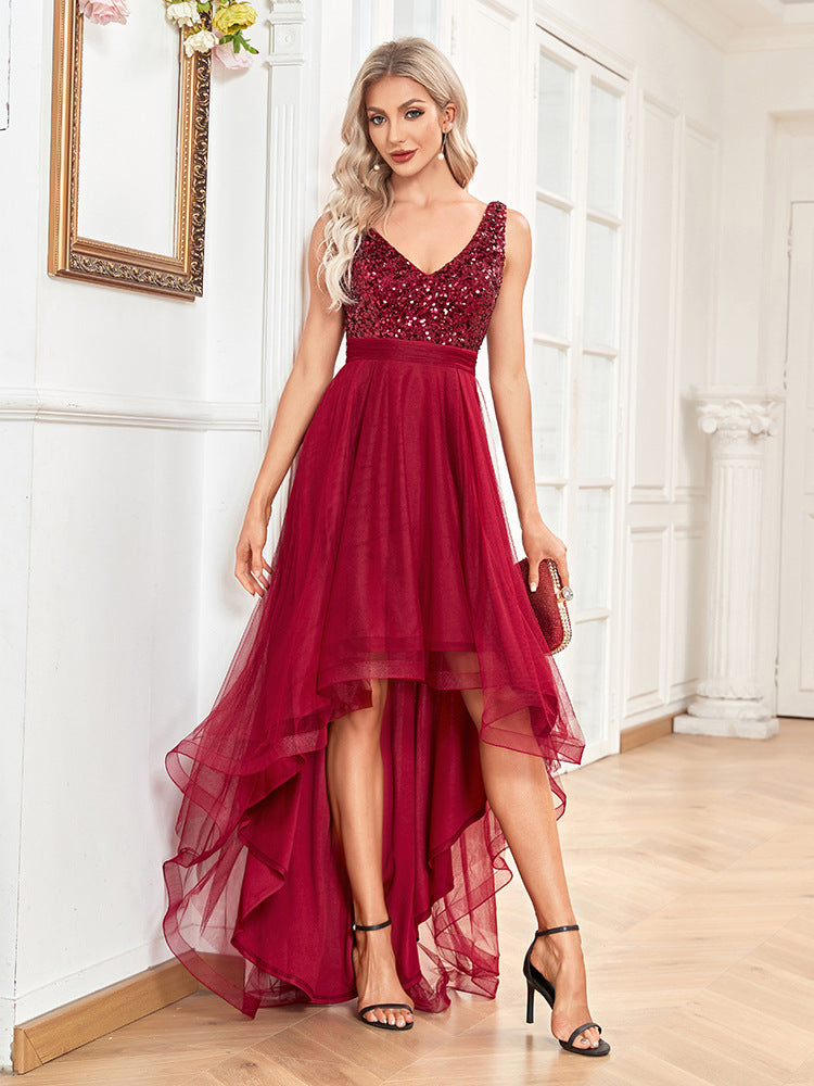 Women Chiffon Bridesmaid Dress Double V neck Dress Sleeveless A line Large Hem Sequin Stitching Evening Dress Burgundy