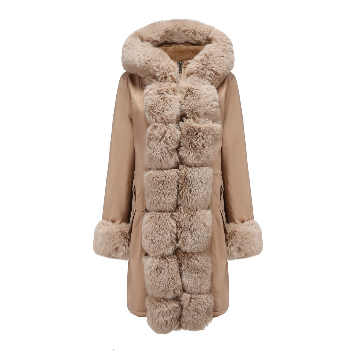 Winter Cotton Coat Women Detachable Fur Collar Mid Length Long Sleeve Parka Solid Color Hooded Warm Cotton Padded Jacket Khaki