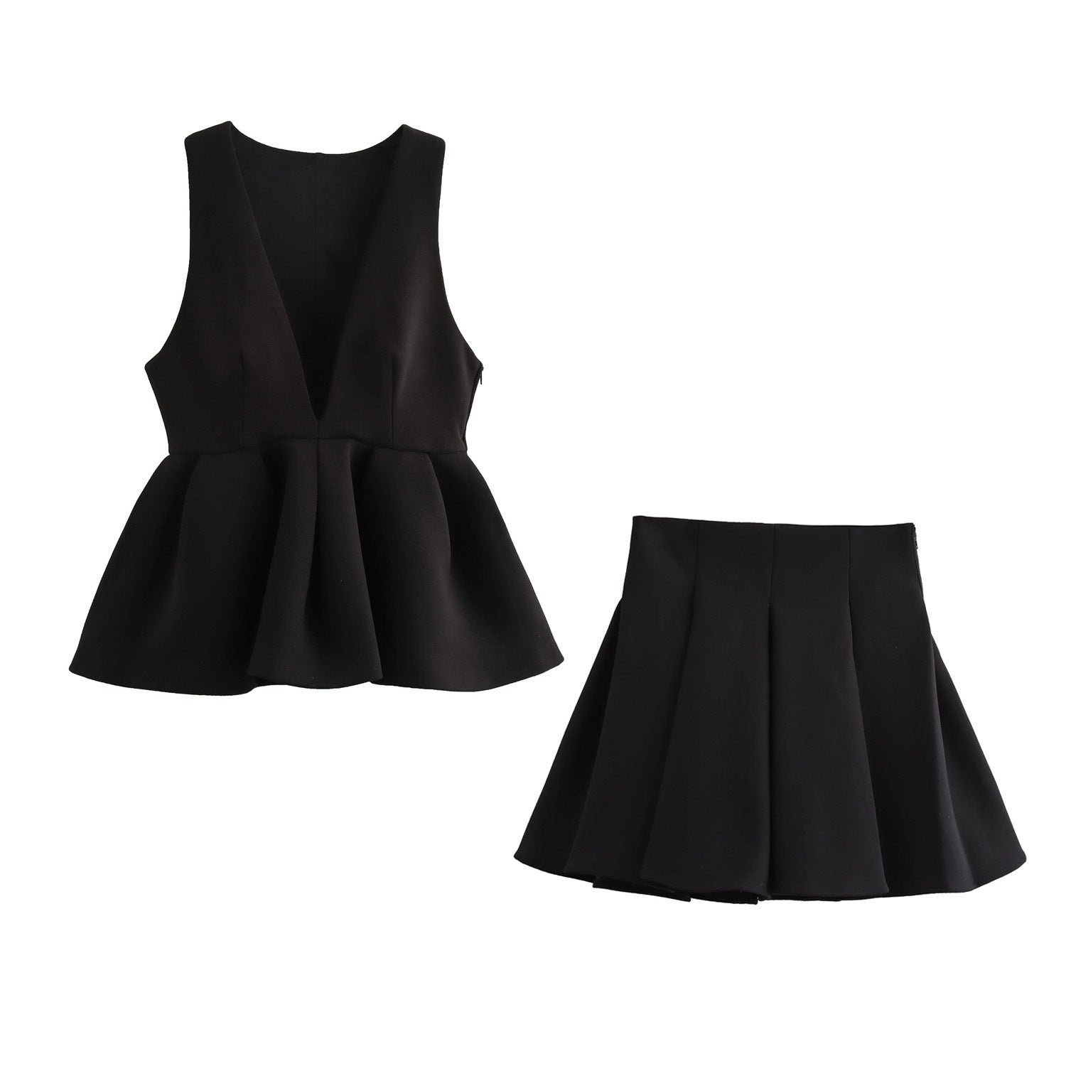 Wavy Top Autumn Crew Neck Skirt Two Piece Sets Wide Sleeveless Women Short Pullover