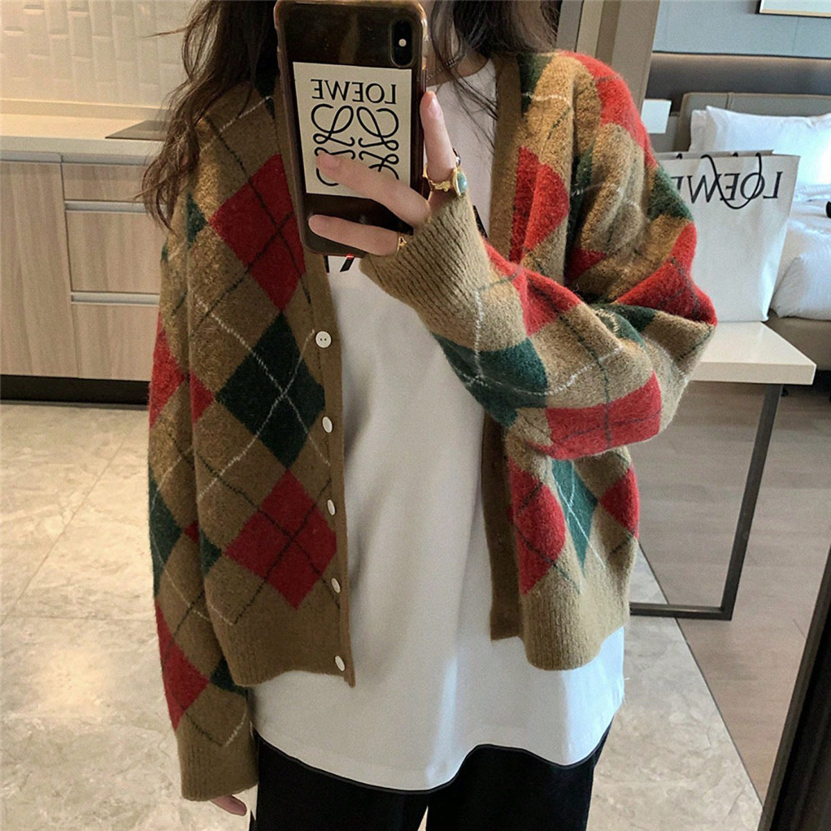 V Collar Contrast Color Rhombus Buckle Knitted Cardigan Autumn Winter Clothing Rhombus Retro Sweater Casual Coat for Women Khaki