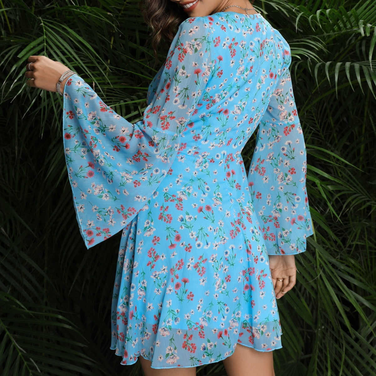 Women Clothing Sexy V neck Small Floral Dress Bell Sleeve A line Dress Casual Wear