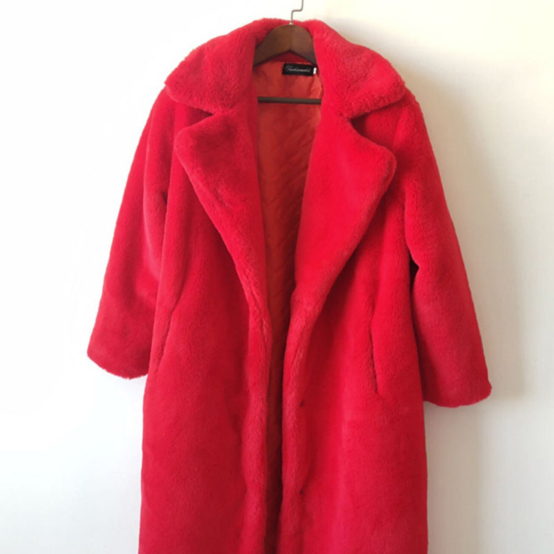 Winter Faux Rabbit Fur Coat Women Lengthened Knee Length Faux Fur Coat Thickened Warm Plush Coat Red