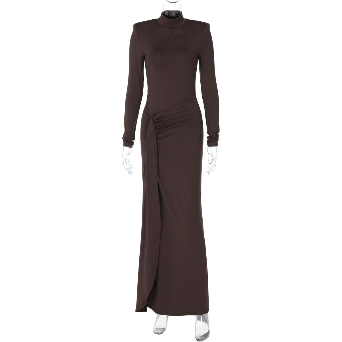 Women Clothing Winter Sexy Slit Sheath Dress Sexy Turtleneck Slim Fit Dress Brown