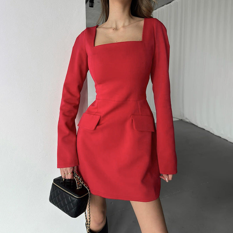 Women Clothing Winter Loose Square Collar Mid Waist Tied Long Sleeves Dress Women Red