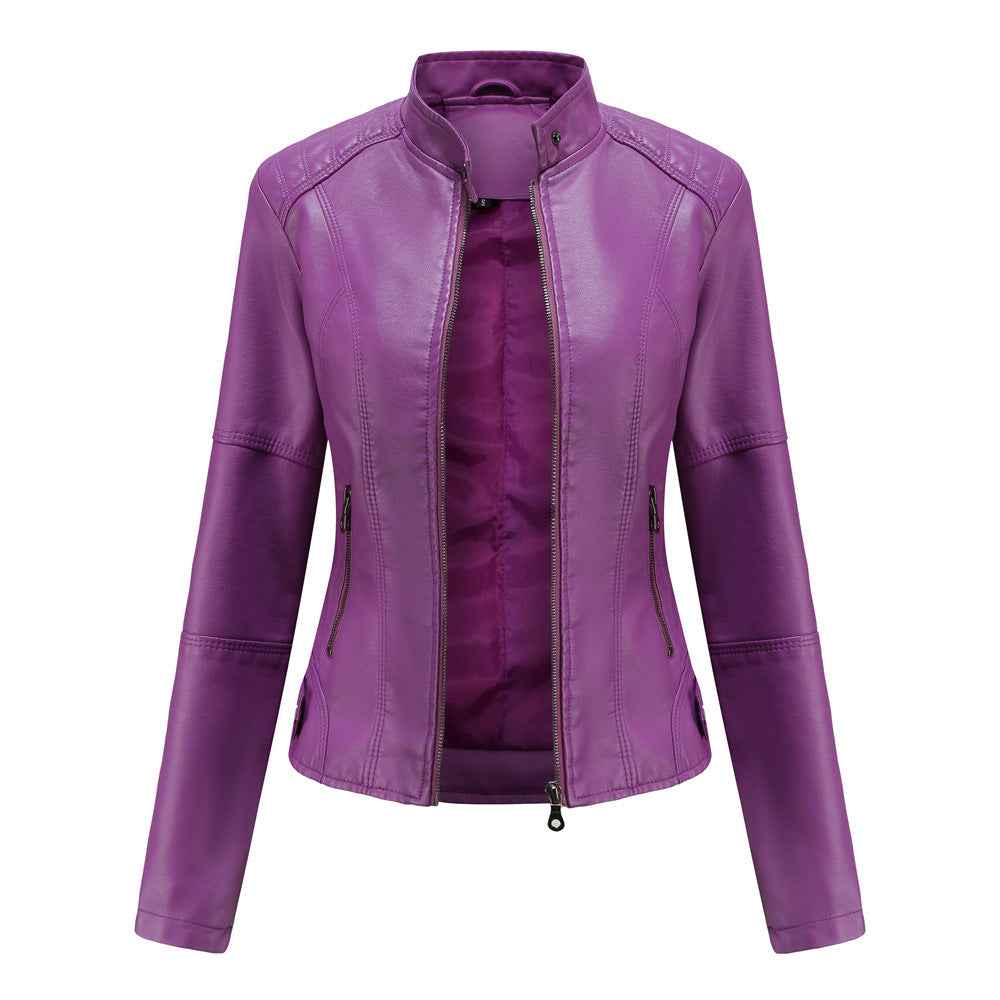 Women Leather Jacket Women Slim Jacket Thin Spring Autumn Coat Women Motorcycle Clothing Stand Collar Leather Jacket Violet