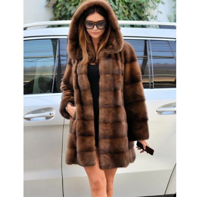 Women Artificial Mink Hair Fur Coat Mid Length Hooded Coat Fur plus Size Casual Warm