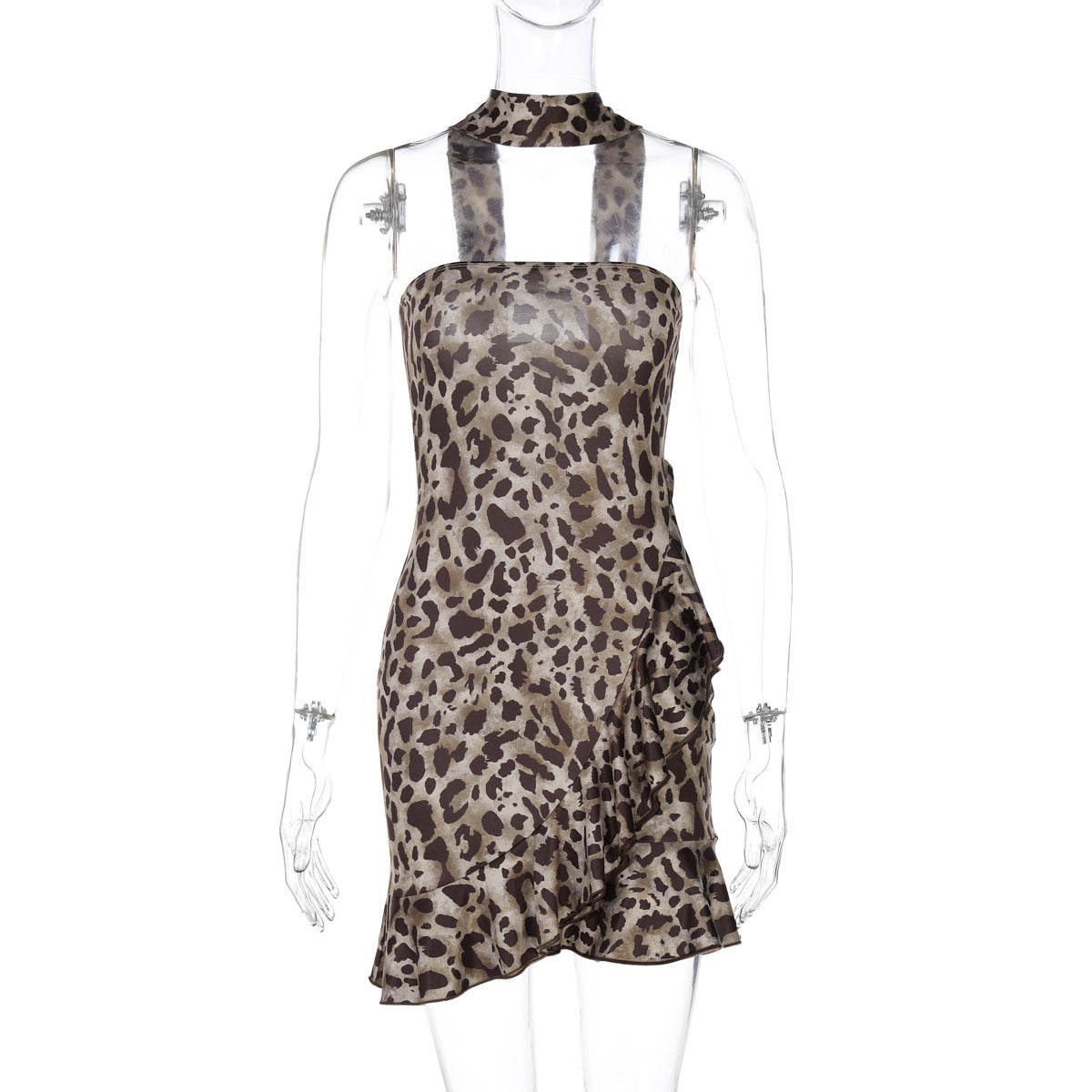 Women Clothing Autumn Winter Sexy Printed Tube Top Ruffled Dress Leopard