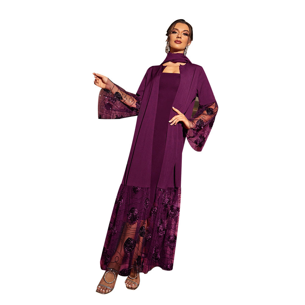 Women Coat Arab Autumn Women Mesh Sleeve Cardigan Coat Long Shawl Purple