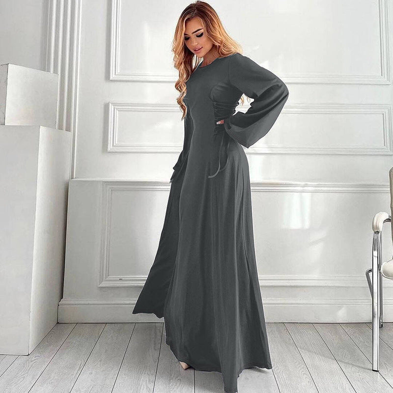 Women Clothing Autumn Winter Fashionable Elegant Slim Back Lace up Waist Controlled Long Sleeve Dress