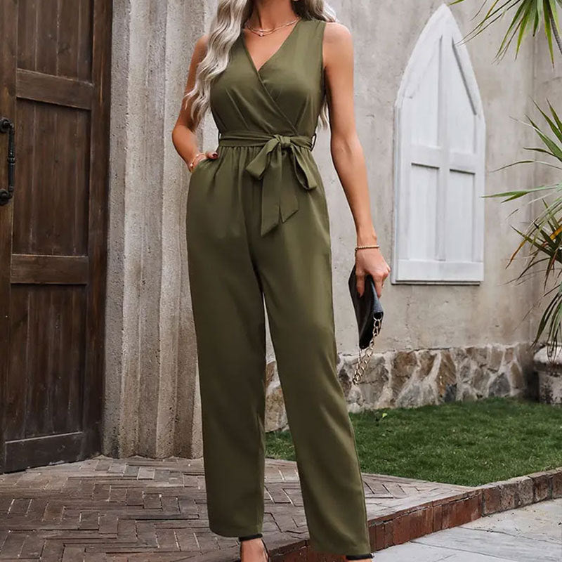 Women Clothing Summer Elegant Office Sleeveless Cross Collar Waistline Lace up Jumpsuit Casual Pants for Women