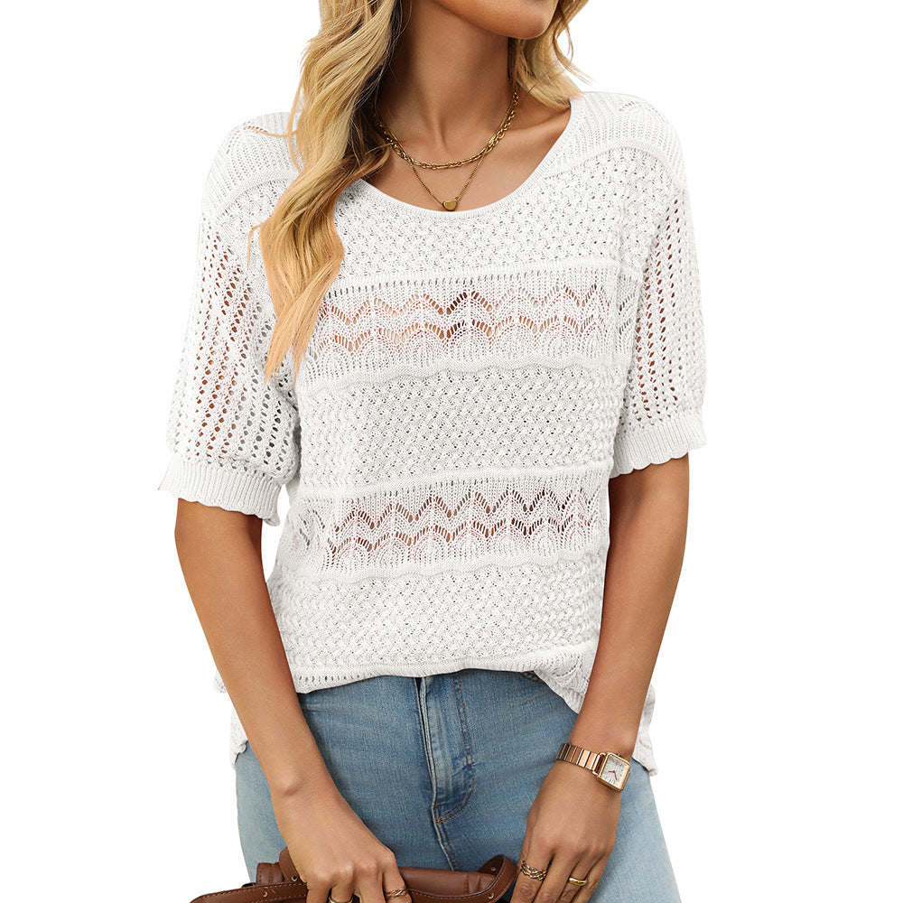 Women Clothing round Neck Hollow Out Cutout out Short Sleeved Sweet Girl Top Knitted Crocheted Sweater White