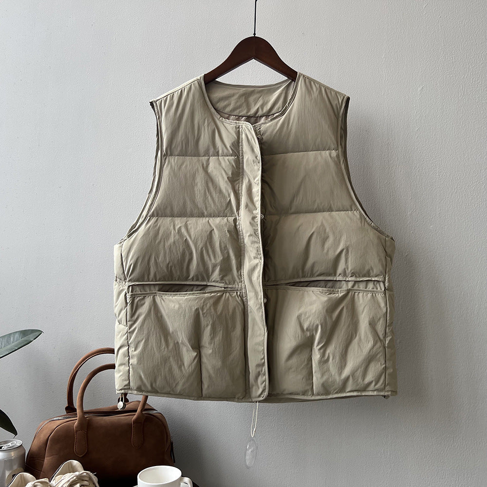 White Duck Down Down Vest Women Winter Korean round Neck Warm Vest Green khaki