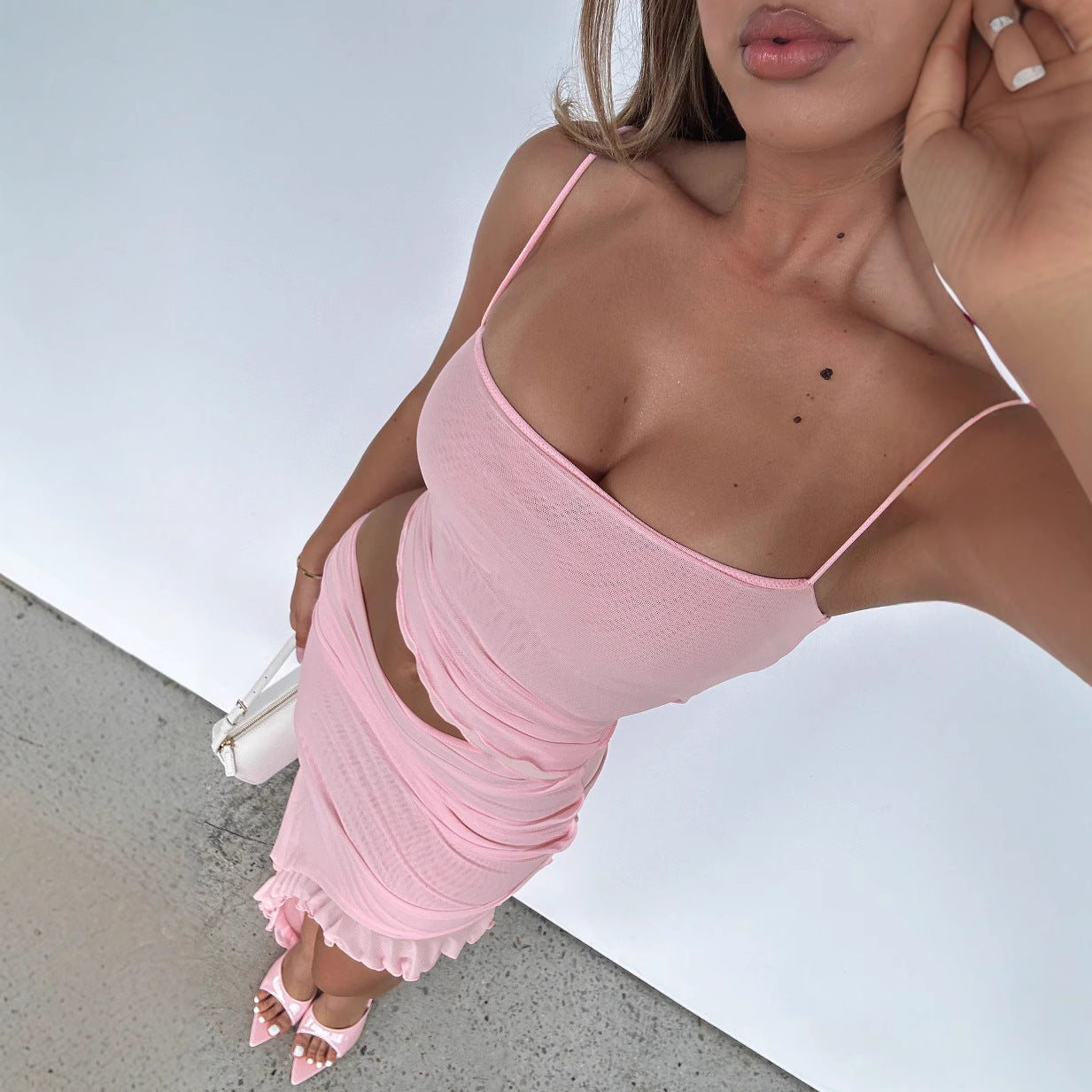 Vacation Women Clothing Cropped Outfit Ruffled Mesh Dress Irregular Asymmetric Solid Color Elegant Graceful Halter