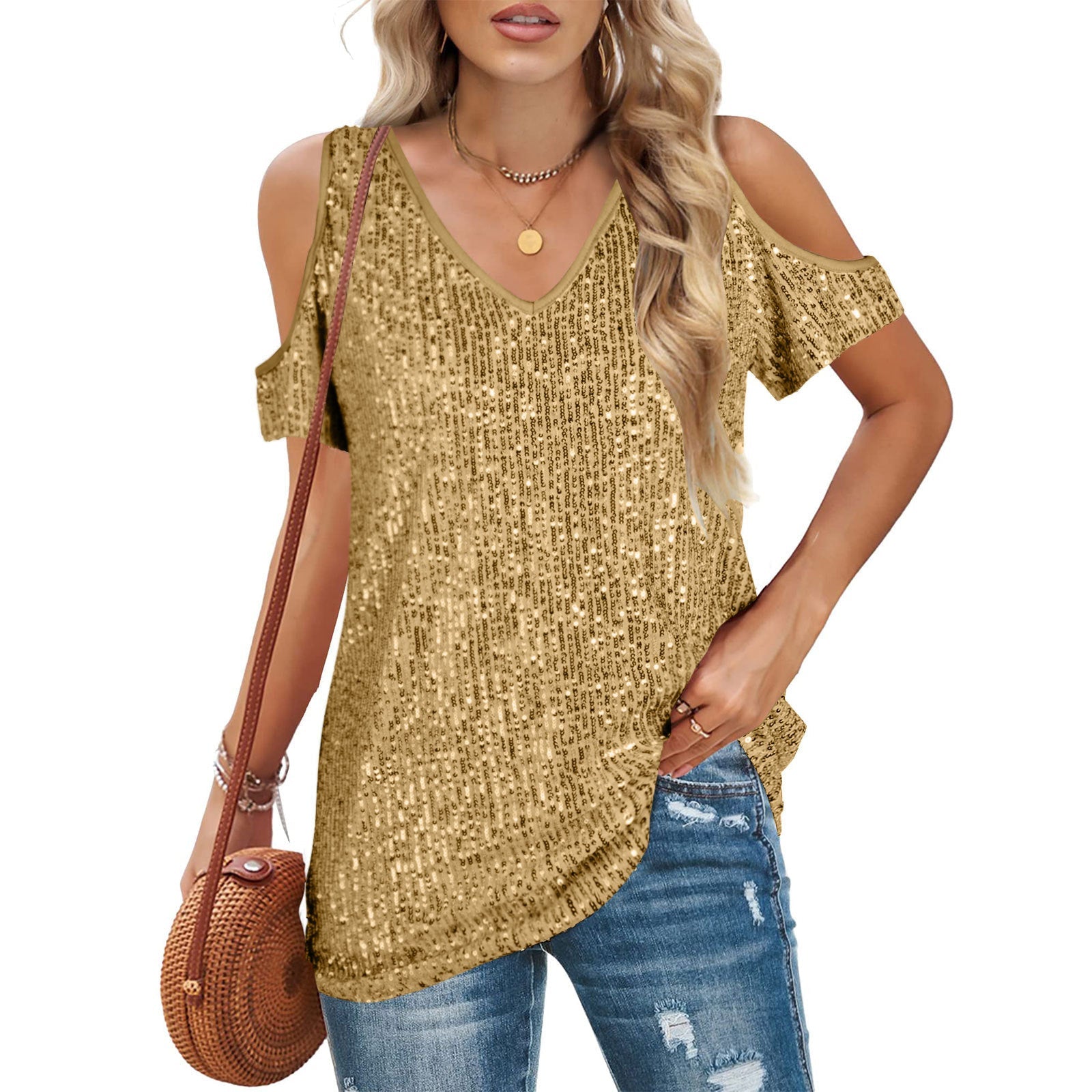 Women Short Sleeve off the Shoulder V neck Sequined T shirt Top Women Yellow