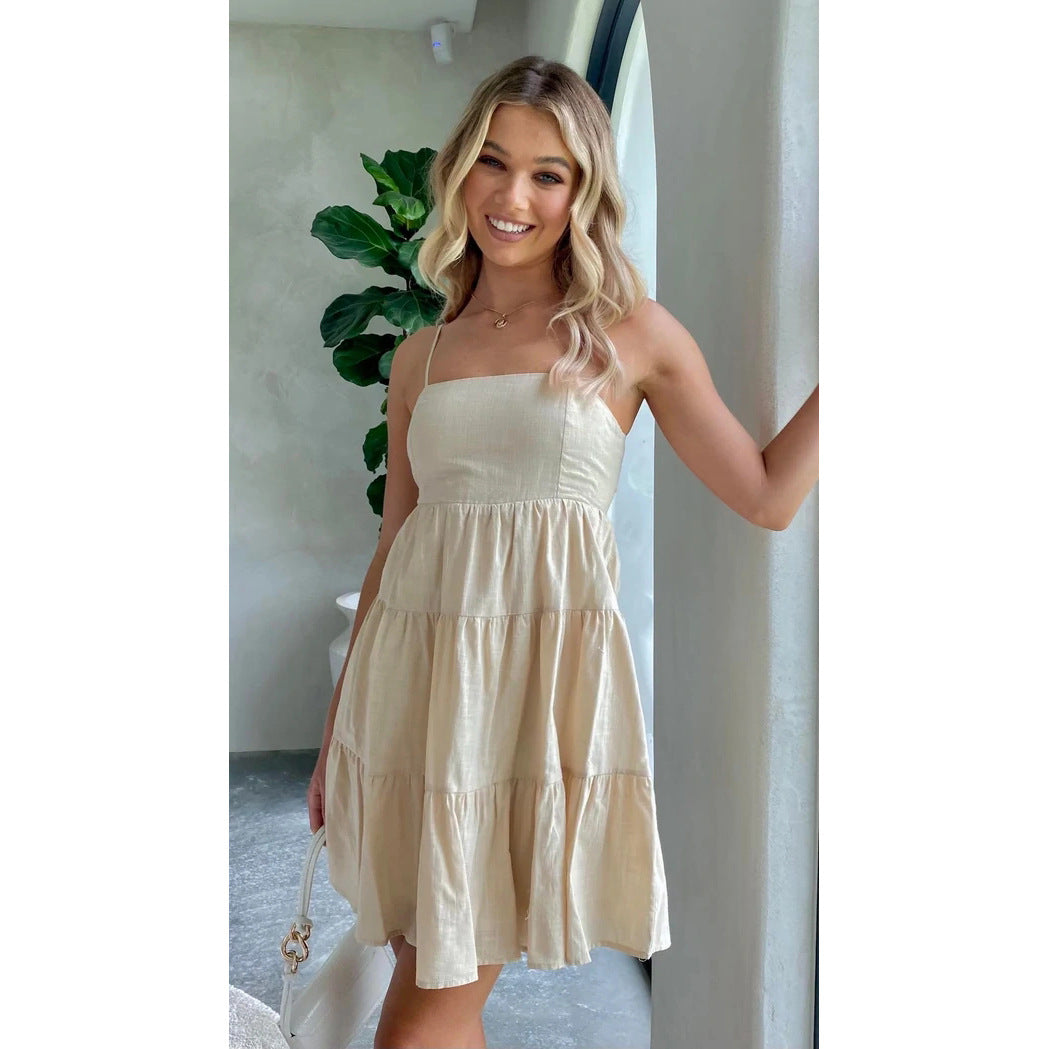 Sundress Sundress Spring Summer Solid Color Fresh Sweet Spaghetti Strap Short Dress Apricot