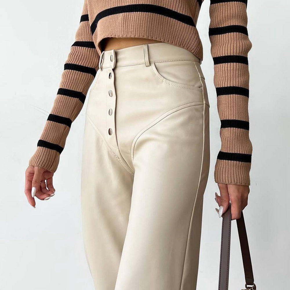 Women Autumn Winter High Waist Leather Stitching Trousers Women Casual Pants Leather Pants