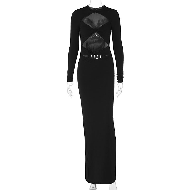 Summer Women Clothing Hollowed out Solid Color Long Sleeve Slim Fit Cropped Sexy Dress Black