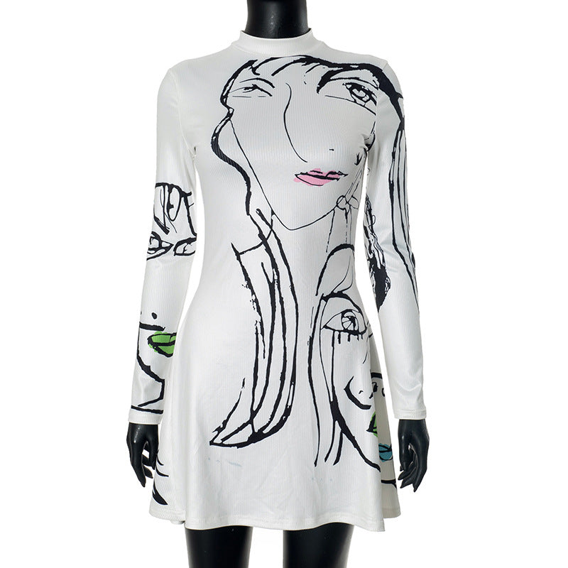 Women Clothing Positioning Portrait Line Printing Casual Long Sleeve Dress White