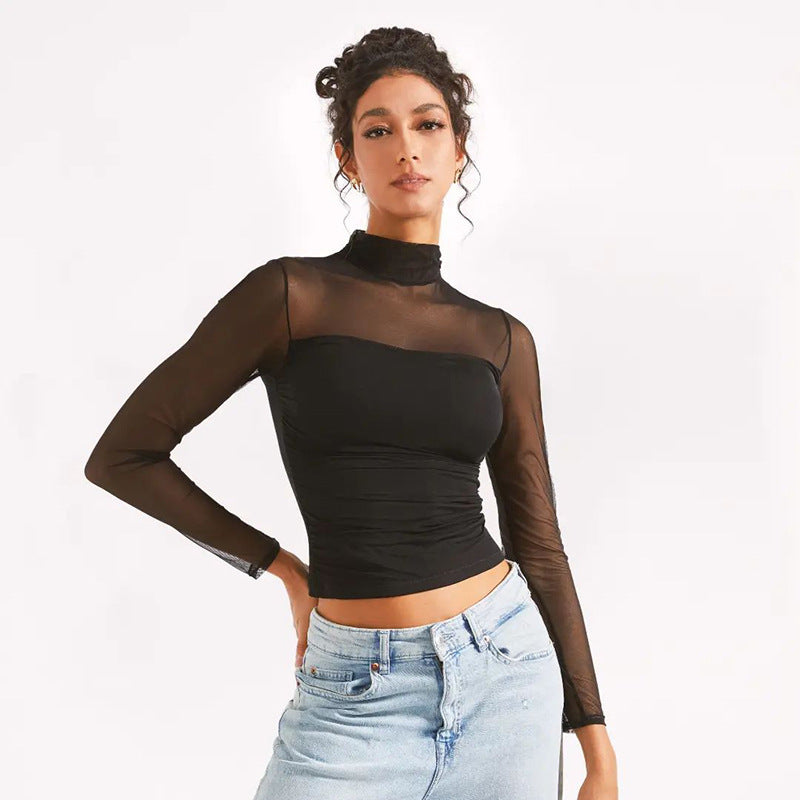 Women Clothing Turtleneck Mesh Stitching Long Sleeve Sexy See through Short Top