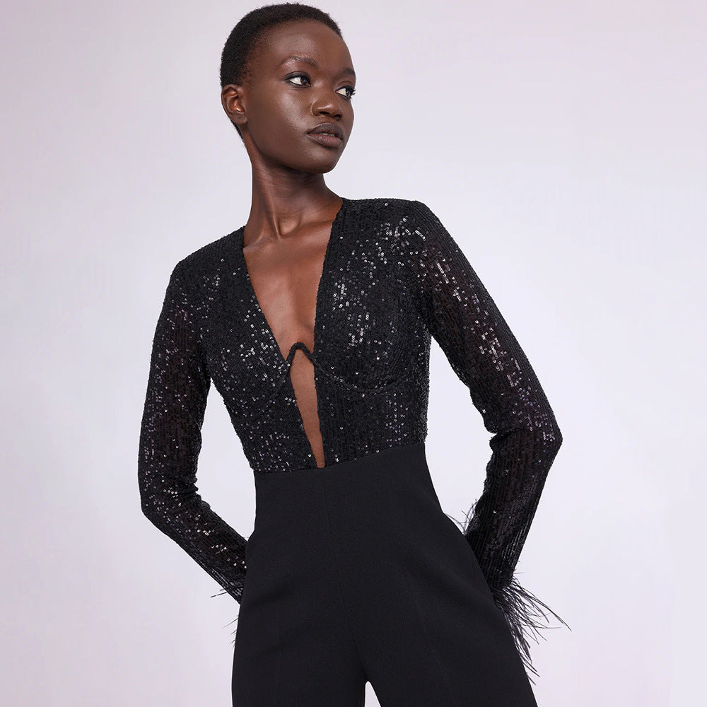 Women Clothing Spring Summer Black Long Sleeved Sequined Feather Jumpsuit Long Leg High Looking Jumpsuit