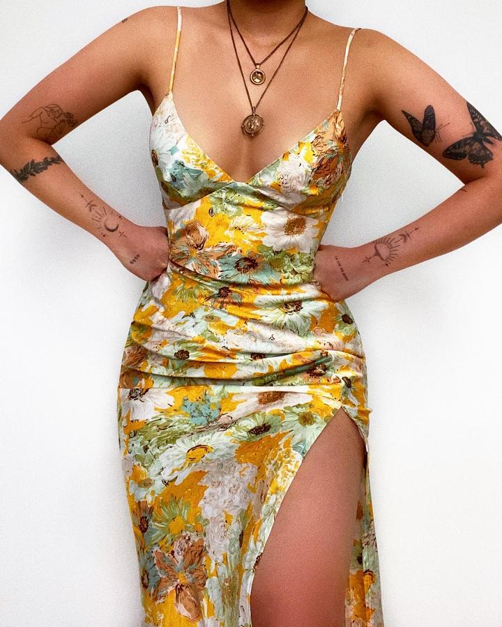 Spring Summer Floral Digital Printed Sexy Slim Strap Dress Sunflower Print