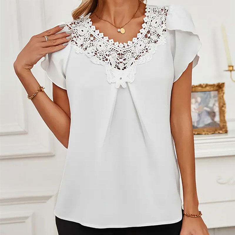 Women Solid Color Lace Puffed Sleeves Short Sleeved T shirt Women Spring Summer Top White