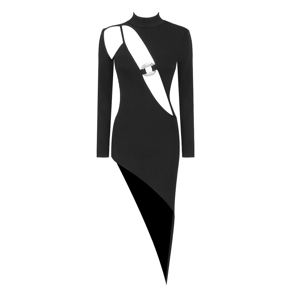 Winter Black Long Sleeve Dress Diamond Decorations Hollow Out Cutout Asymmetric Women Clothing Bandage Dress Black