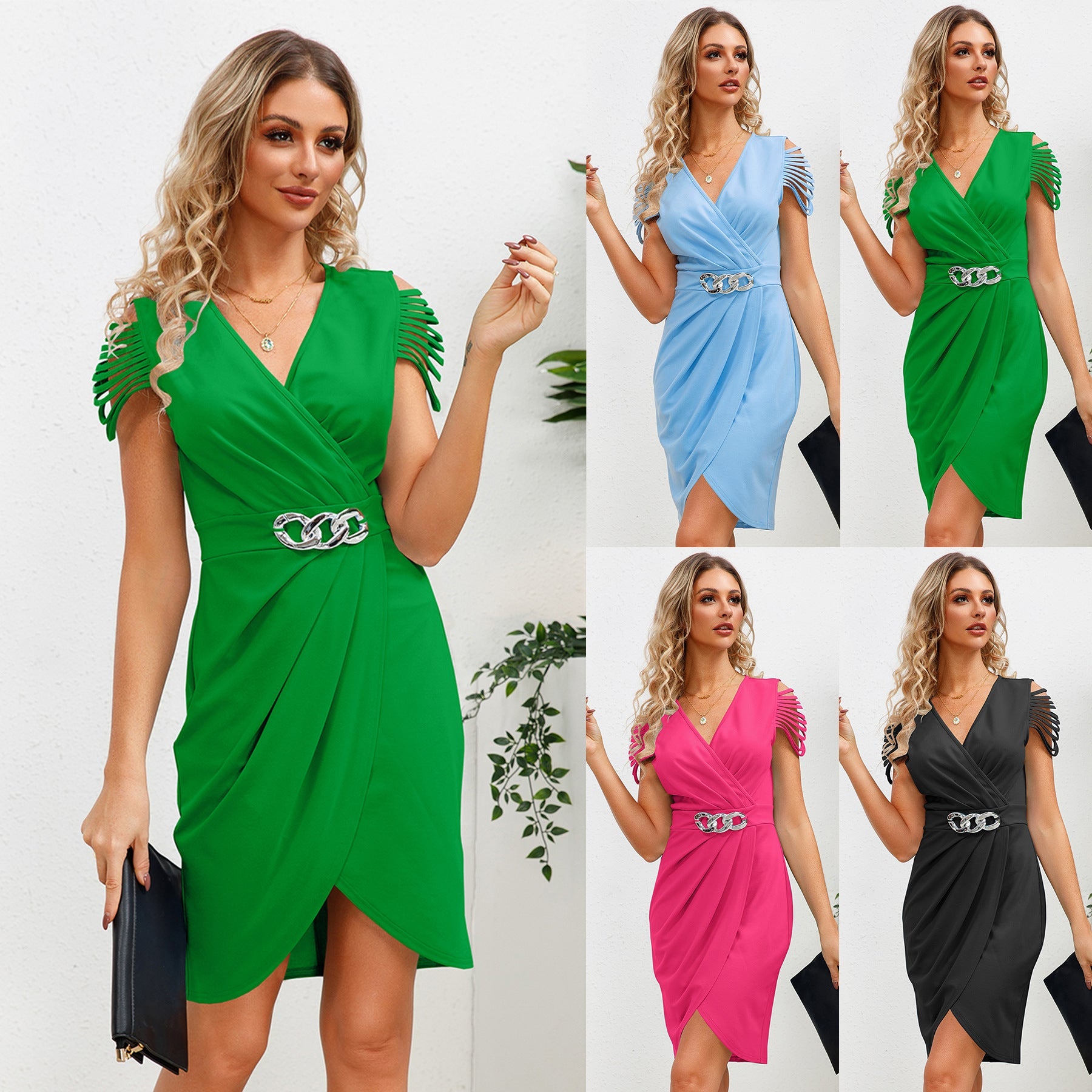 Summer V-neck Pleated Waist Tight V neck Short Sleeve Dress Sexy Elegant Show Dress Women Clothes