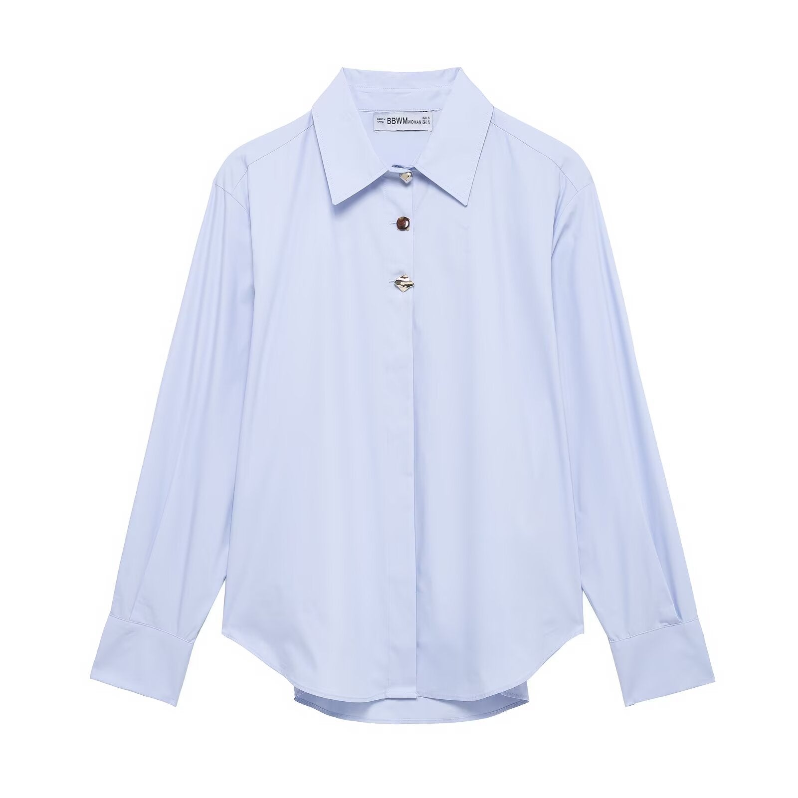 Women Clothing Spring Street Stitching Button Decoration Poplin Shirt Light Blue