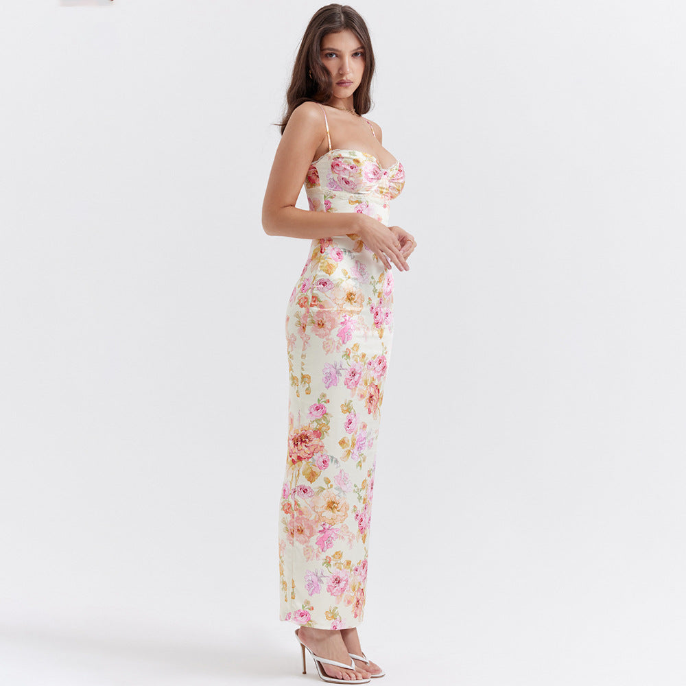 Women Clothing Dress Printed Strap Dress Sexy Backless Slit Vacation Floral Dress for Women