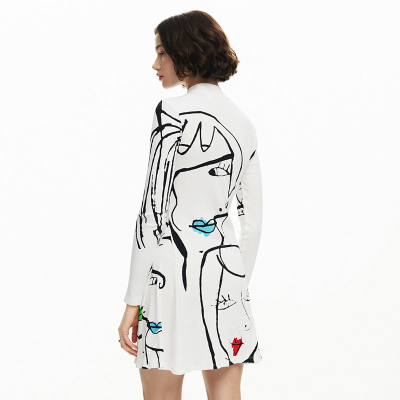 Women Clothing Positioning Portrait Line Printing Casual Long Sleeve Dress