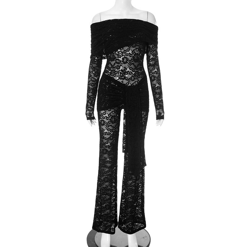 Women Clothing Lace Stitching Sexy See through One Piece Trousers Black