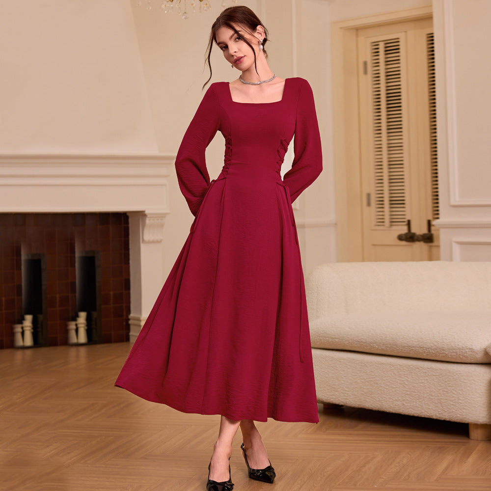 Women Clothing Square Collar Wine Red Dress Autumn Winter Retro Elegant Slim Fit Maxi Dress Burgundy