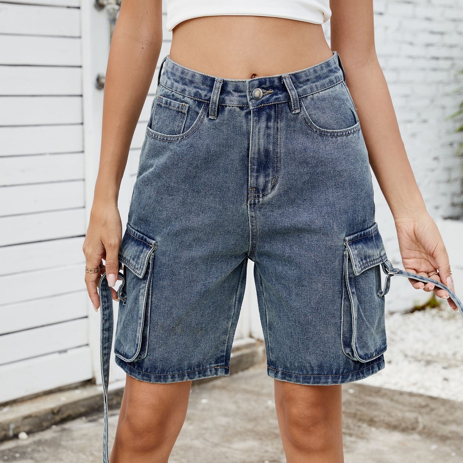 Women Summer Street Hipster Washed Denim Cargo Pants Shorts Blue