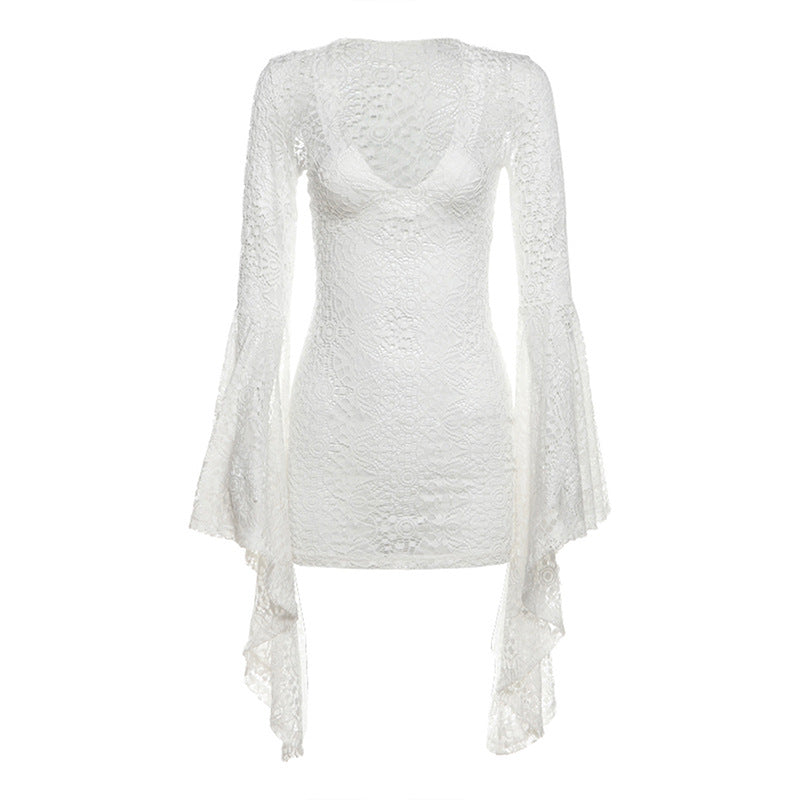 Women Clothing Autumn Winter Sexy Sexy Deep V Plunge neck Lace Bell Sleeve Dress Women White