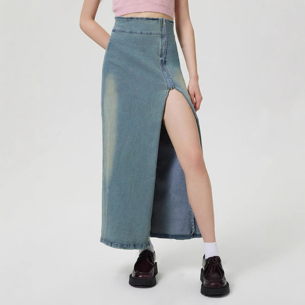 Women Clothing Casual Slit Denim Skirt