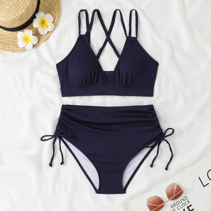 Swimwear Bikini Split High Waist Sunken Stripe Sexy Swimsuit Women Solid Color Split Swimsuit Swimsuit purplish blue