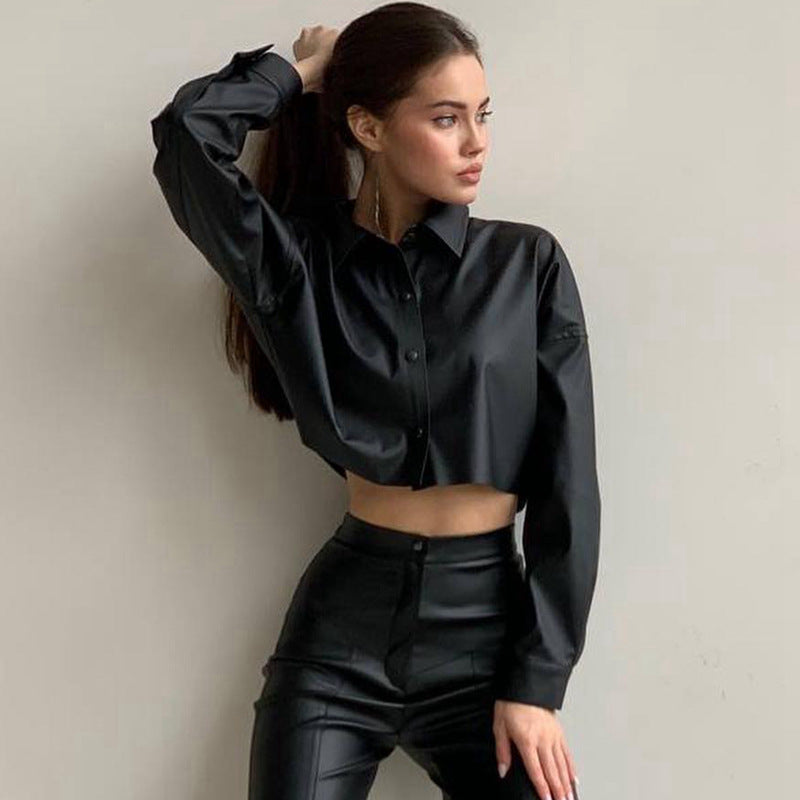 Women Clothing Women Autumn Winter Batwing Long Sleeve Cropped Solid Color Faux Leather Shirt Women Shirt