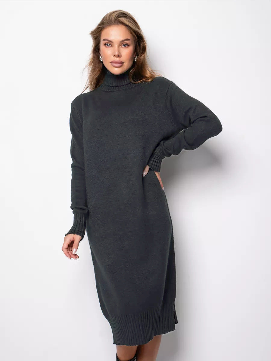 Women Clothing Turtleneck Knitting Dress Autumn Winter Loose Inner Wear Solid Color Slimming Woolen Dark Grey