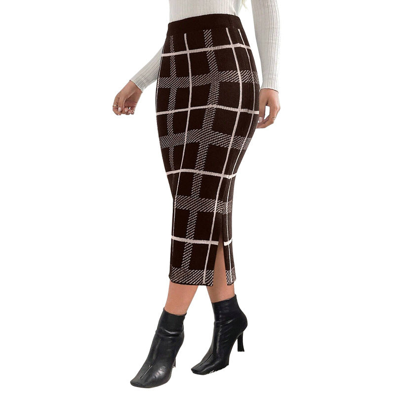 Women Wear Elastic High Waist Slit Hem Plaid Skirt Coffee