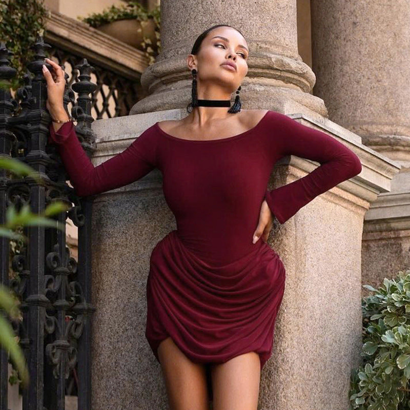 Women Autumn Solid Color off Shoulder Long Sleeve High Waist Short Dress