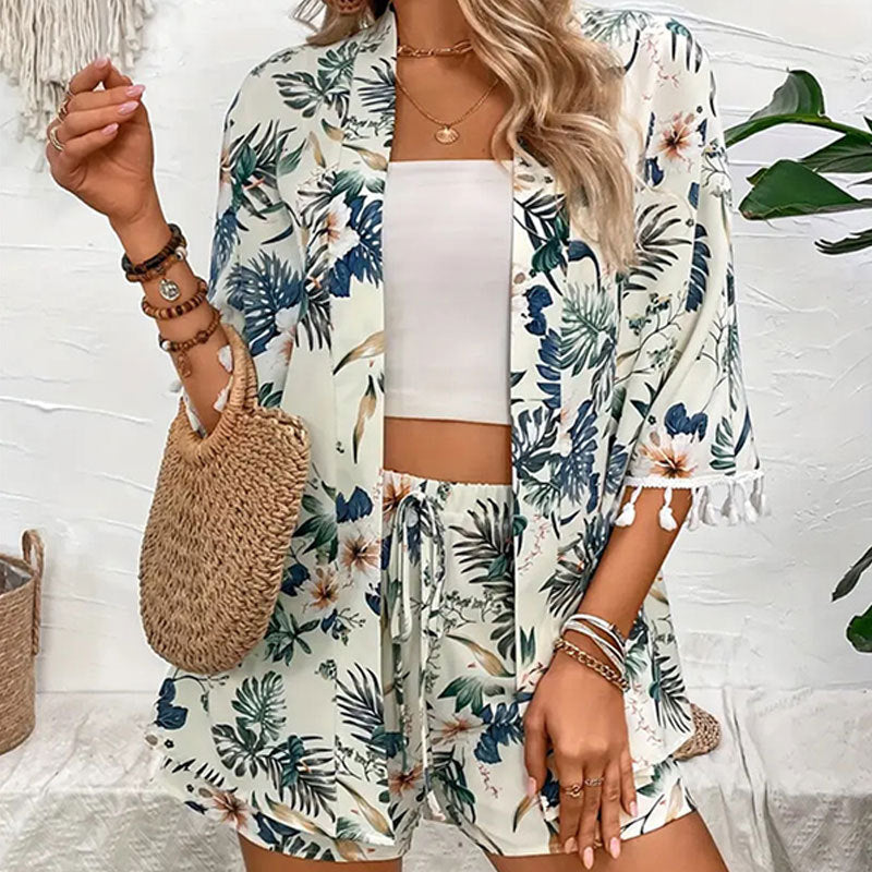 Women Clothing FlyAway Jacket Beach Pants Set Printed Tassel Short Two Piece Set Top Women