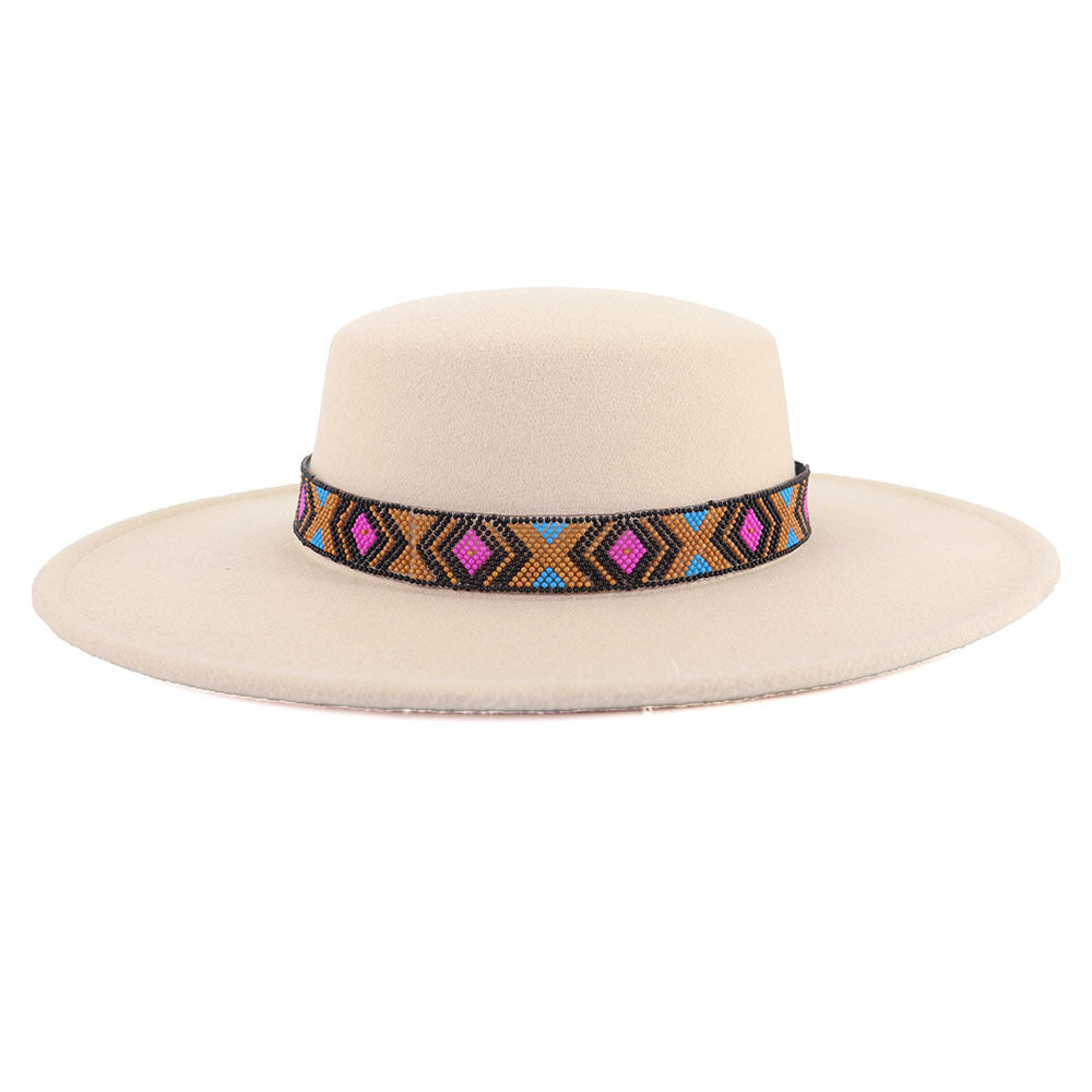 [Minimum order quantity is 2 pieces]Woolen Flat Top Hat Large Brim Hat Bohemian Holiday Broad Brimmed Hat M（56-58cm） Beige Purple Beads